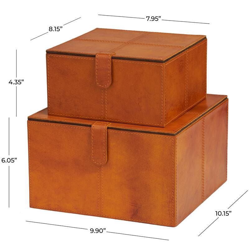 Brown Leather Storage Box with Snap Front Closure and Detailed Stitching (Set of 2)