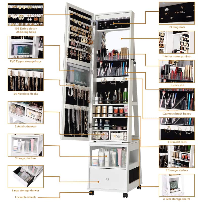 LED Vanity Mirror with Jewelry Storage Drawer, Shelf, Wheels