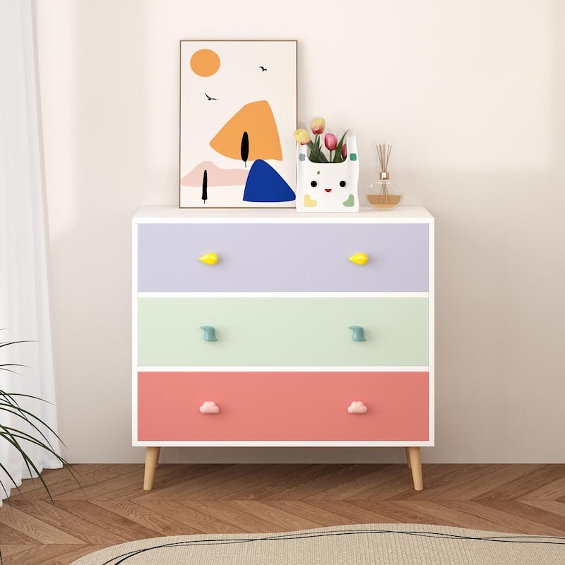 Anmytek Kids 3 Drawer Chest with Pastel Drawers Cartoon Handles Nursery and Playroom Storage