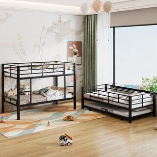 Metal Twin Triple Bunk Bed with Trundle & Guardrails, Black