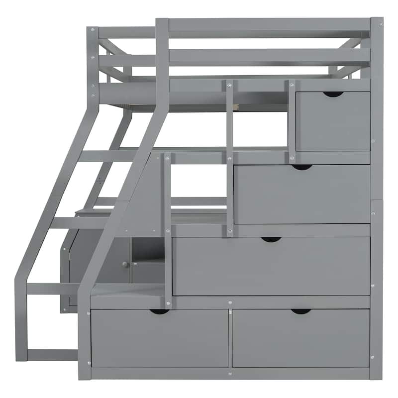 Gray Full Size Wood Loft Bed with Drawers, Shelves, Ladder, and Desk
