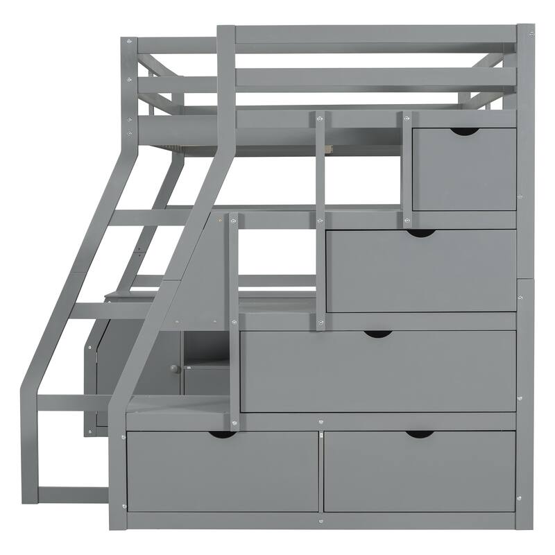 Twin/Full Size Wooden High Loft Bed with Built In Desk, Solid Pinewood Loftbed Frame with 7 Drawers and Storage Cabinet