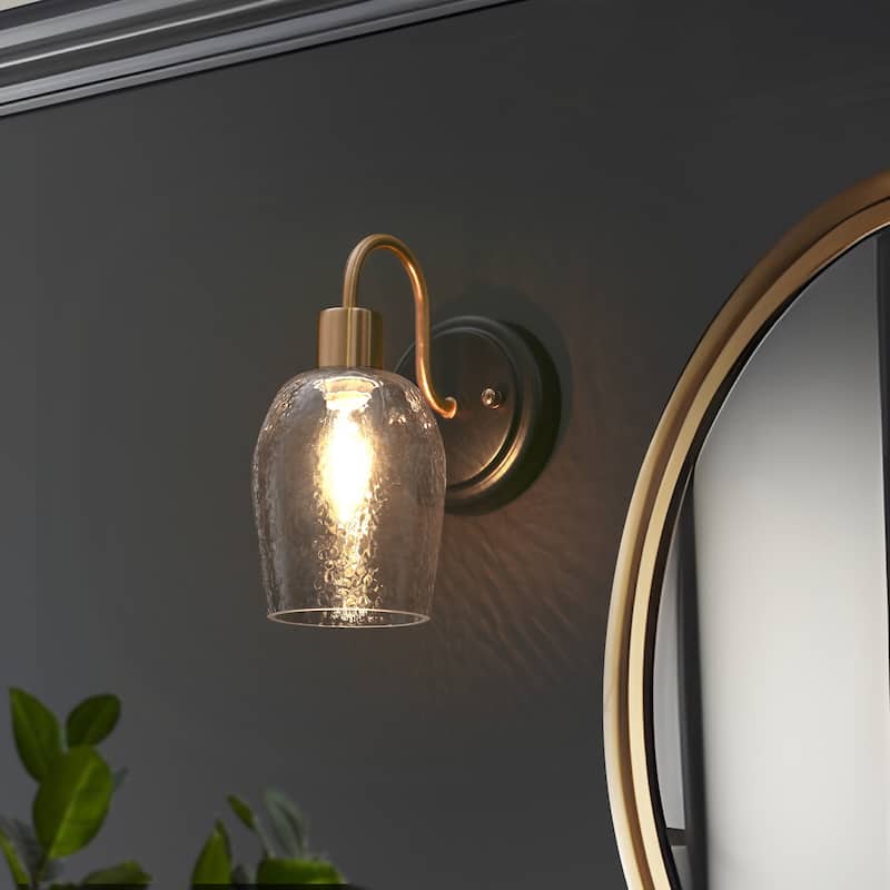 Waylin Modern Elegant 1-Light Water Ripple Glass Shade Black Gold Wall Sconce Dimmable Bathroom Vanity Lighting
