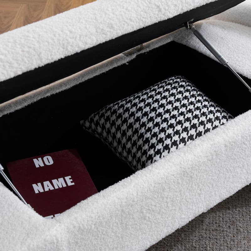 Boucle Storage Ottoman Bench, Oval Upholstered Storage Bench, Entryway Bench with Hidden Storage Space & Safety Hinge