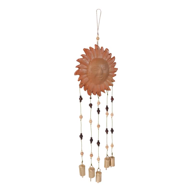 Terracotta Metal Sun Face Wind Chime with Beads and Bells - 36" Brown - 9.5" x 1" x 36"