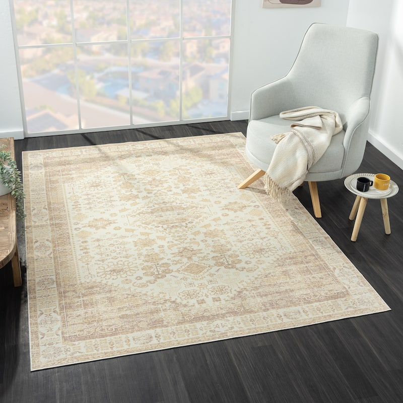 Alis Transitional Medallion Washable Indoor Area Rug by Sevita
