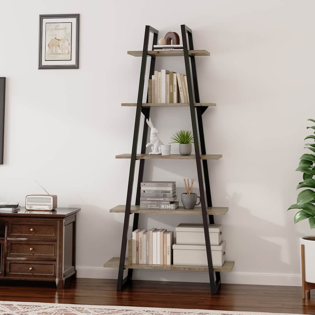 Bookshelf 5 Tier Industrial Wood, Tall Open Rustic Etagere Bookcase Ladder