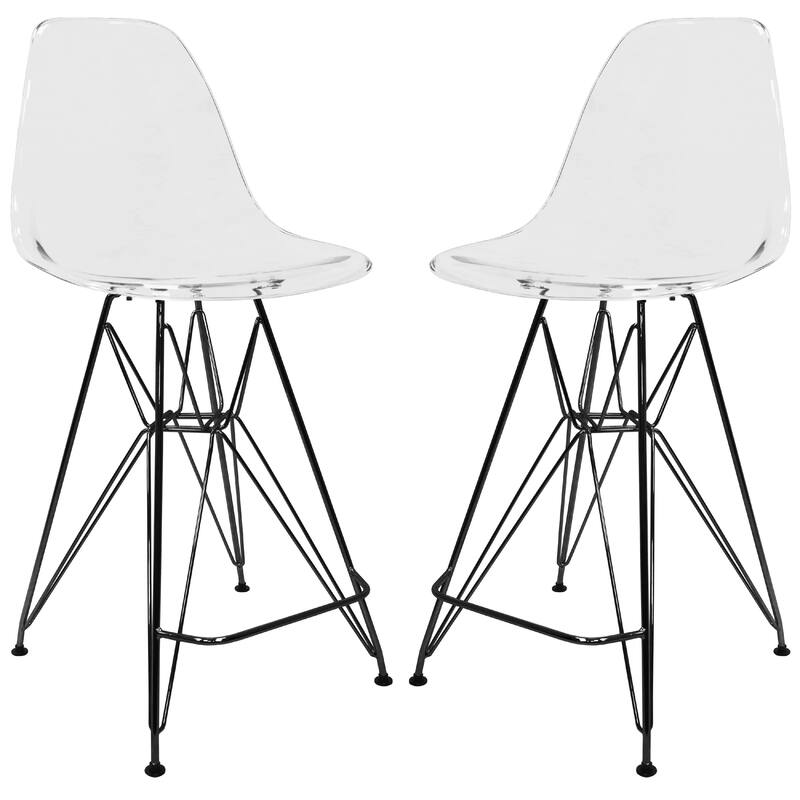 Cresco Acrylic Barstool in Brushed Black Steel Base with Ergonomic Seat, Footrest, & Floor Pads for Kitchen or Home Bar Set of 2 - Clear