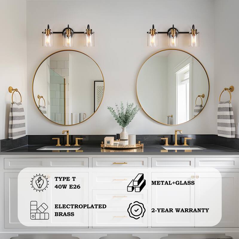 Modern Classic 3-Light Black Bathroom Vanity Light Fixture Gold Brass Wall Sconces with Cylinder Glass - 21" L x 6.5" W x 9" H
