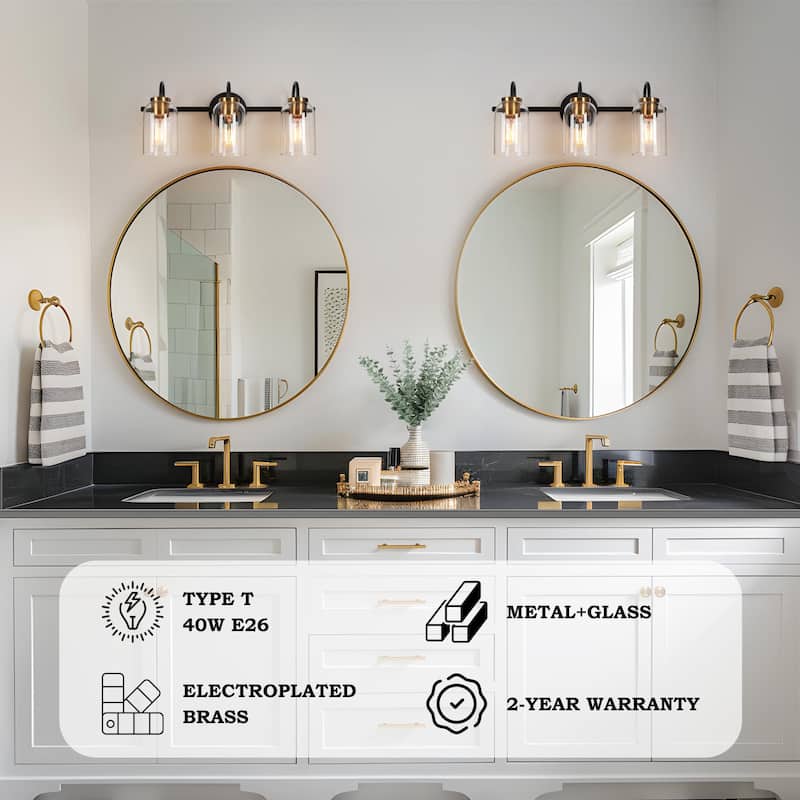 Modern Industrial 3-Light Black Brass Wall Light Clear Glass Vanity Light Fixture for Bathroom