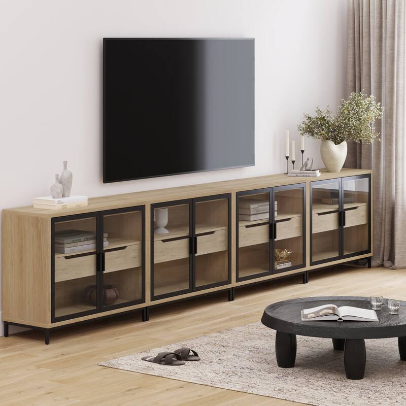 Mackenna Metal and Glass Sideboard Accent Cabinet with Two Doors, Oak Credenza for Kitchen or Living Room - Set of 4