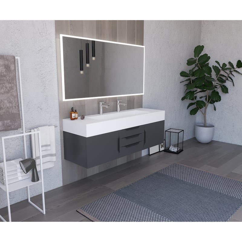 Nile 60" Wall Mounted Bathroom Vanity Set w/ White Top
