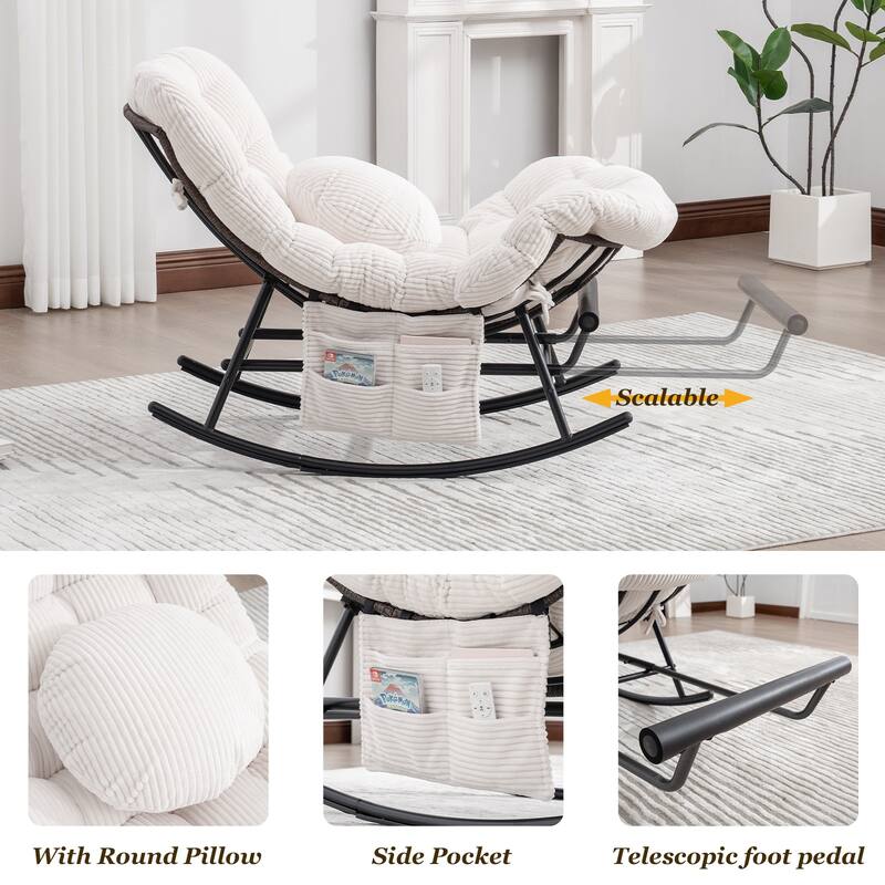 HOMEFUN Corduroy Upholstered Egg Shaped Design Steel Frame Rocking Chair with Side Pocket and Foot Pedal