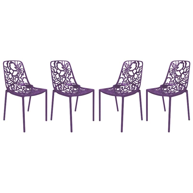Devon Stackable Outdoor Aluminum Dining Chair with Floral Cutout, UV-Protected, Weather-Resistant Patio Seating - Purple