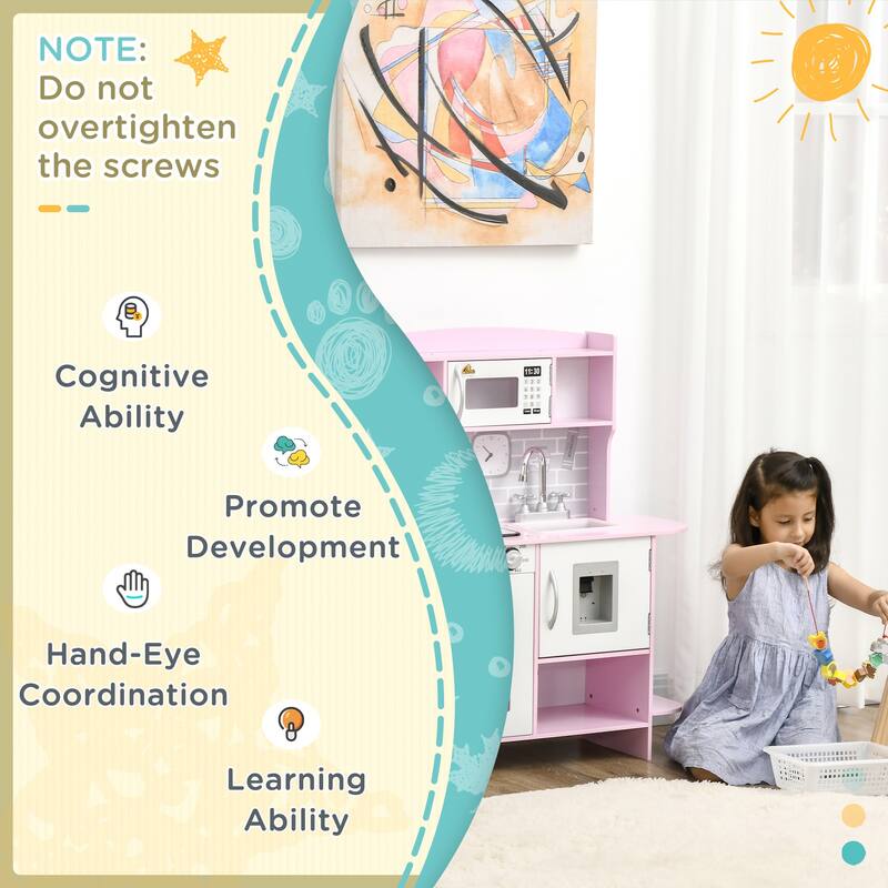 Qaba Pretend Play Kitchen Toy Set for Kids with Realistic Design, Stove Lights, Storage, Water Dispenser, for 3-6 Years Old