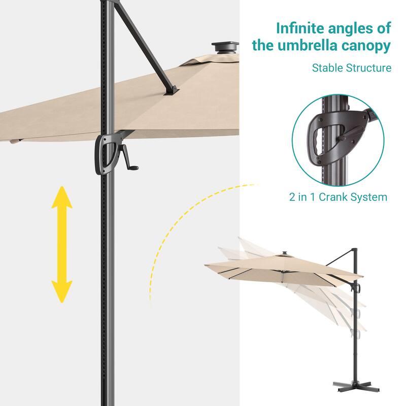 BONOSUKI Solar-powered 10x8ft Cantilever Patio Umbrella, Ultimate Outdoor Comfort with 360° Rotation and Canopy Angle Adjustment