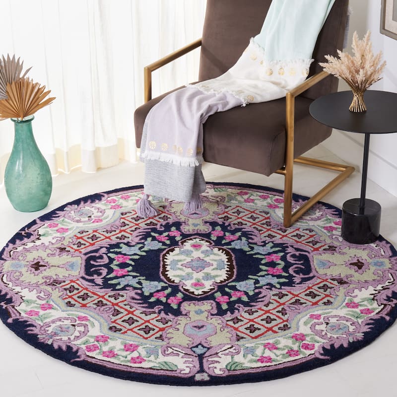 SAFAVIEH Handmade Bellagio Tatevik Oriental Medallion Wool Rug - 5' Round - Navy/Ivory