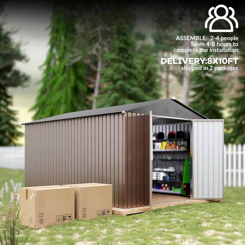 8x12FT Metal Outdoor Storage Shed with Lockable Door, Sloped Roof Steel Tool Shed