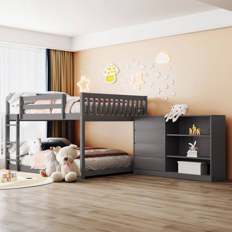 Floor Bunk Bed with Movable Storage Cabinet, Include 4 Storage Drawers and 3 Shelves, Solid Wood Bunkbeds Frame for Kids Teens