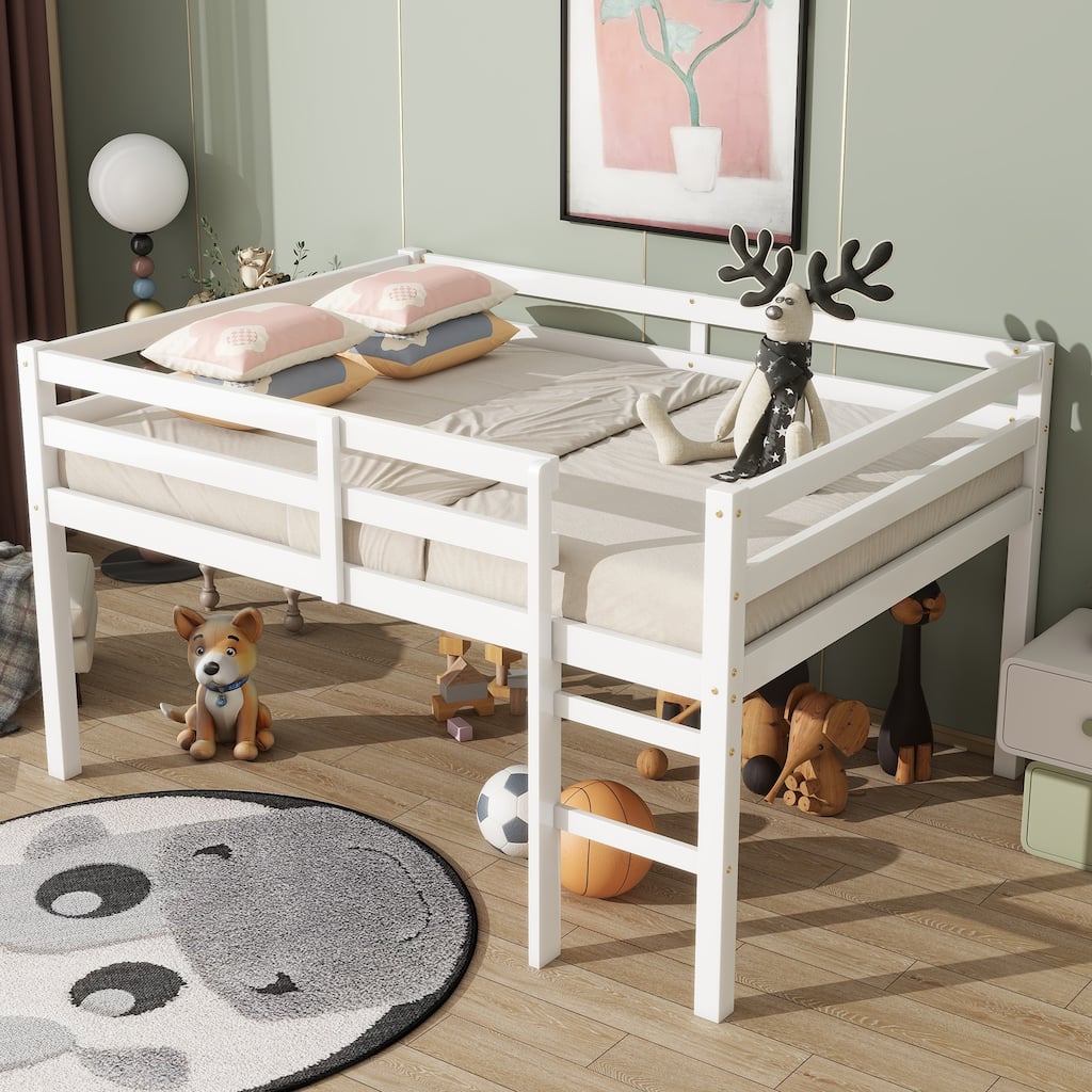 White Full Rubber Wood Loft Bed with Ladder and Storage Space