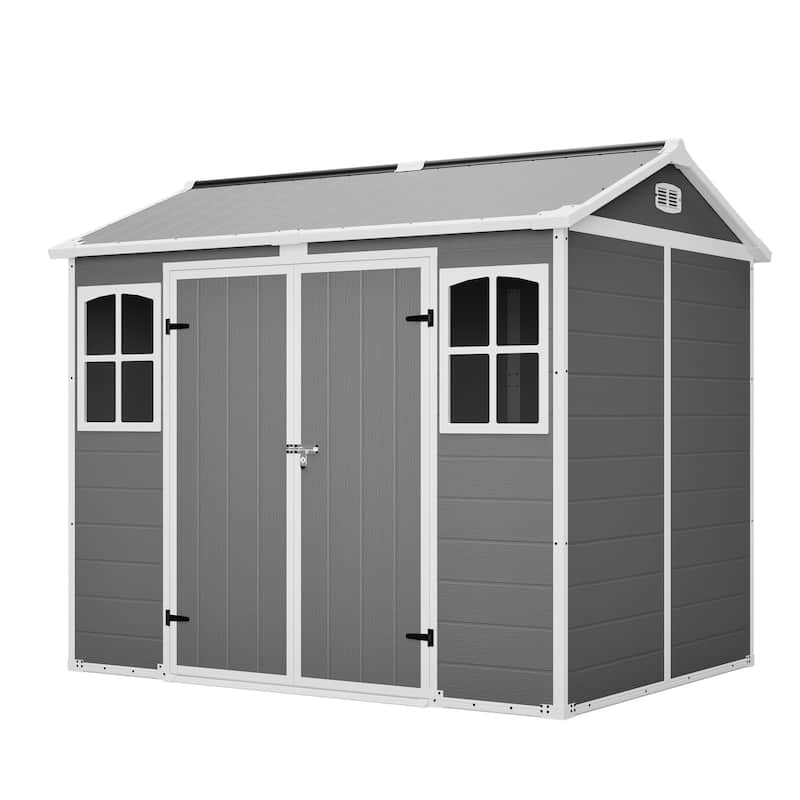 GDFStudio - Large Plastic Utility Shed with Floor & Lockable Doors for Easy Access, Storage for Garden Tools & Trash Bins