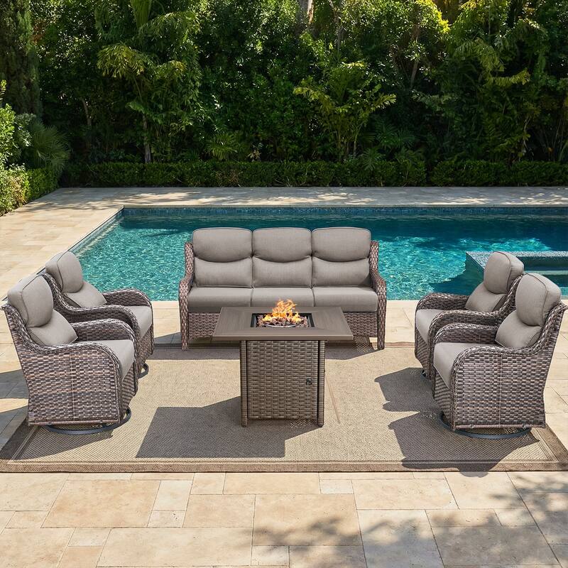 Pocassy Outdoor Propane Fire Pit Table with Sofa Swivel Chair Funiture Set. - Brown Wicker Gray Cushion - 6-Piece Sofa Swivel Chair w/ Fie Pit Table
