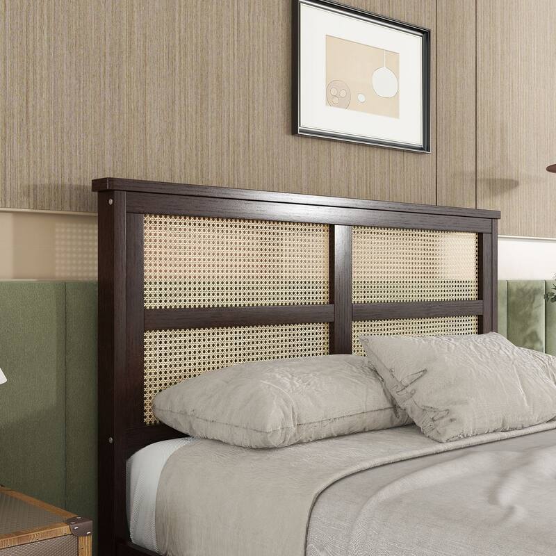 White Oak Full Size Bed with Woven Rattan Headboard, Two Storage Drawers, Rubberwood Frame