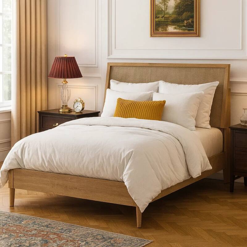 Ciel Queen Panel Bed with Cane Style Headboard, Brown and Beige Wood
