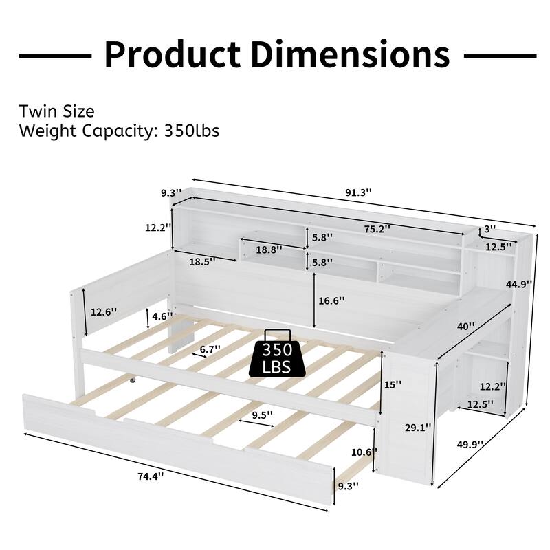 Twin Size Daybed with Storage Shelves, Trundle Bed, and Study Desk