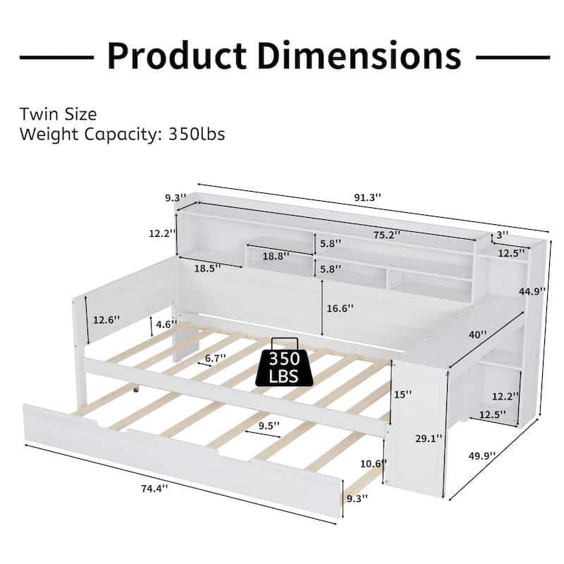 Wooden Twin Size Daybed with Storage Shelves, Multi-functional Bed with Twin Size Trundle Bed and Study Desk