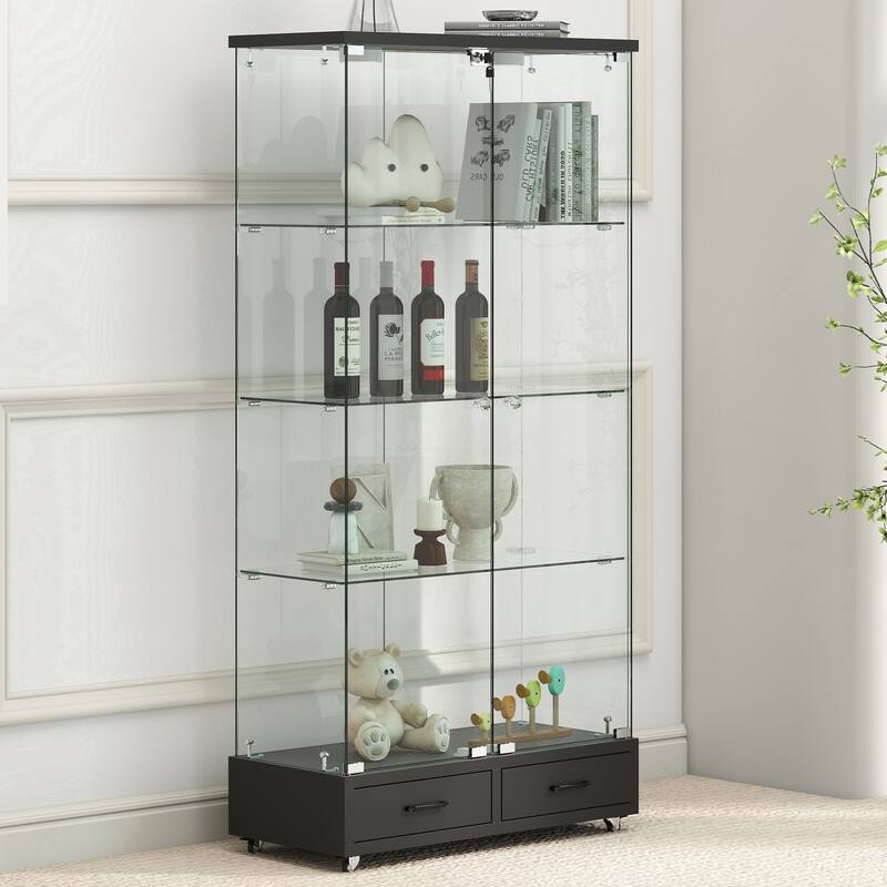 Modern Glass Display Cabinet with Large Drawer for Living Room and Bedroom