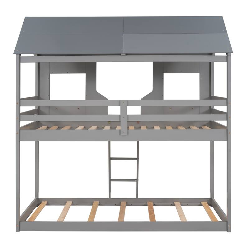 Bunk Bed Wood Bed with Roof, Window, Guardrail, Ladder