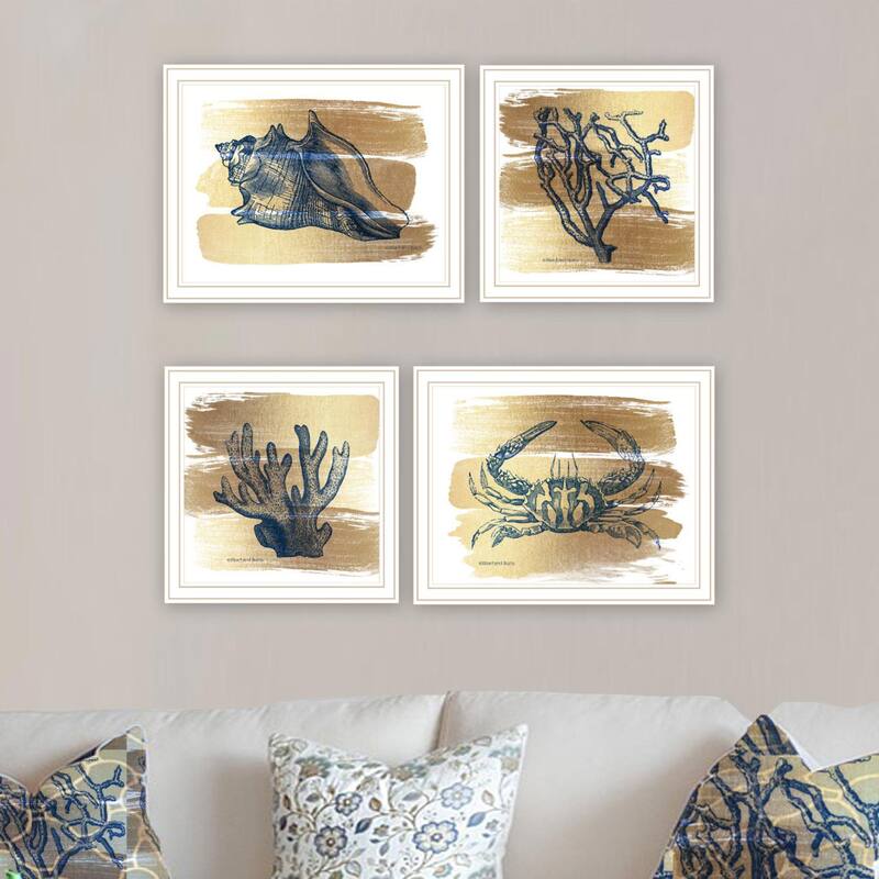 4-Piece Framed Wall Art Set - Gold Sea Collection, White Frame