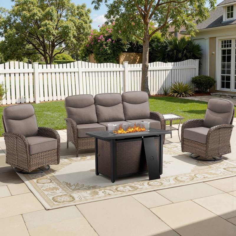 Luna 5-Piece Wicker Outdoor Patio Fire Pit Sofa Set with 6-Inch Thick Cushions