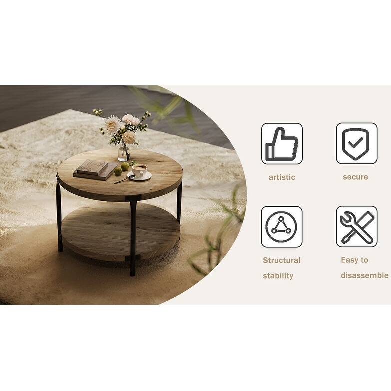 GDFStudio - Vale Minimalist Double Layer Round Coffee Table with Open Storage and Metal Frame Support, Easy Assembly - 29.61"W