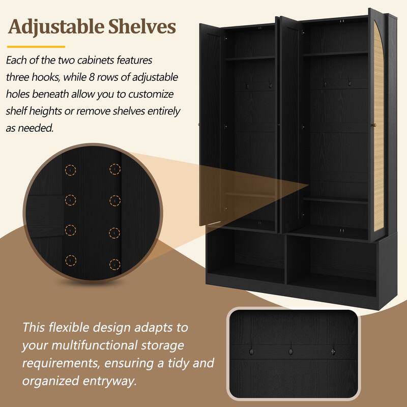 Farmhouse Hall Tree with Rattan Doors, Versatile 4-In-1 Seating Bench with 6 Hooks, Entryway Shoe Cabinet with Shelf