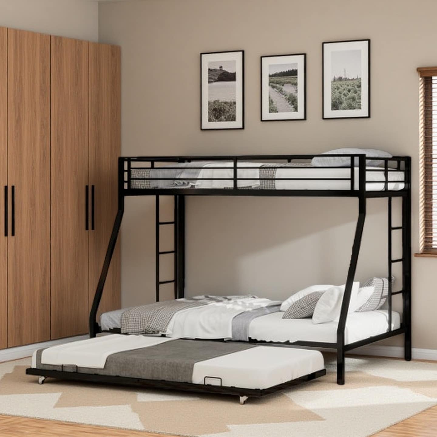 Queen Size Square Tube Metal Bunk Bed with Ladder and Rolling Trundle, Sturdy Load-Bearing Frame