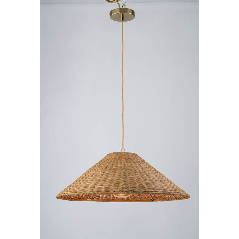 1-Light Farmhouse Straw Hat Hand Woven Chandelier with Natural Rattan Shade - Gold
