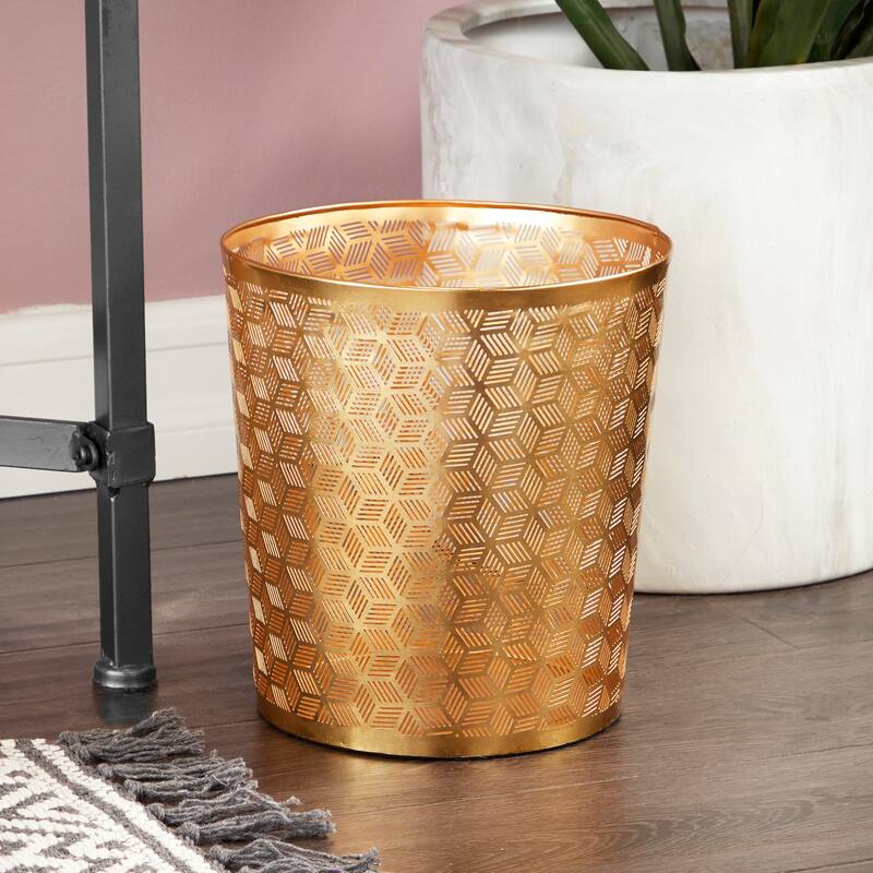 CosmoLiving by Cosmopolitan Gold Metal Small Waste Bin with Laser Carved Floral Design - 9 x 9 x 10