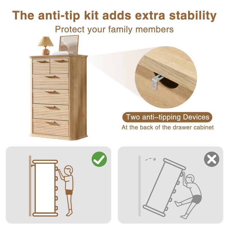 6 Drawers Dresser for Bedroom, 45" Tall Dresser with Curved Profile Design, Wood Fluted Chest of Drawers
