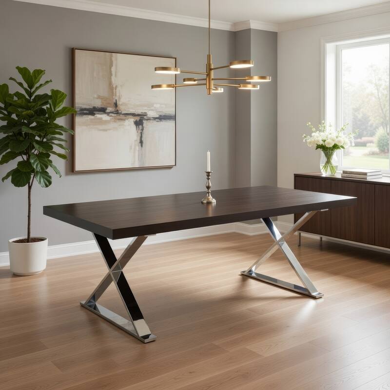 Rix 87 Inch Dining Table, Espresso Brown Wood Top, X Chrome Steel Legs