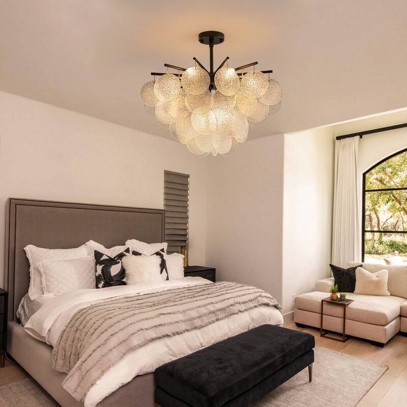 23.6" Modern 4-Tier Farmhouse Glass Chandelier, 9-Light Seeded Glass Dining Room Pendant Light - N/A