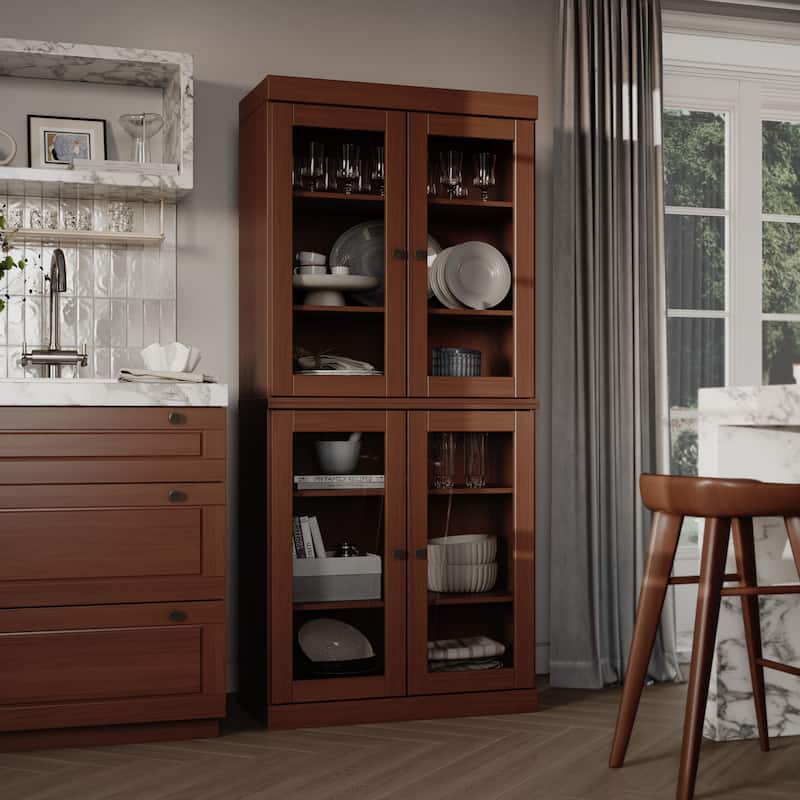 Palace Imports 100% Solid Wood Pantry Cabinet with Frosted, Clear Glass or Solid Doors and Adjustable Shelves - Mocha - Clear Glass