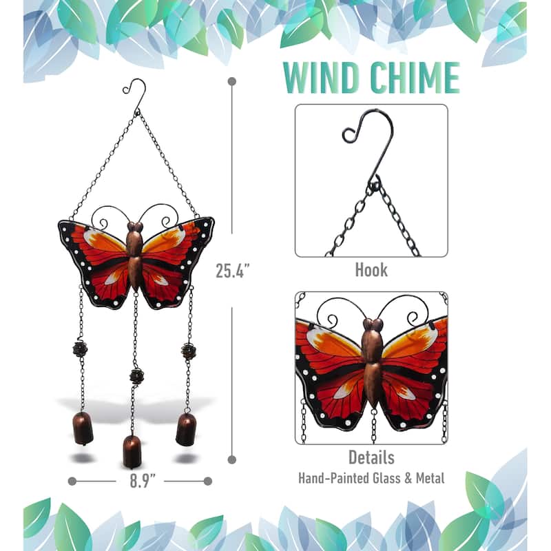 CoTa Global Red Butterfly Wind Chime - Handmade Glass And Metal Chime - 25.4 Inches