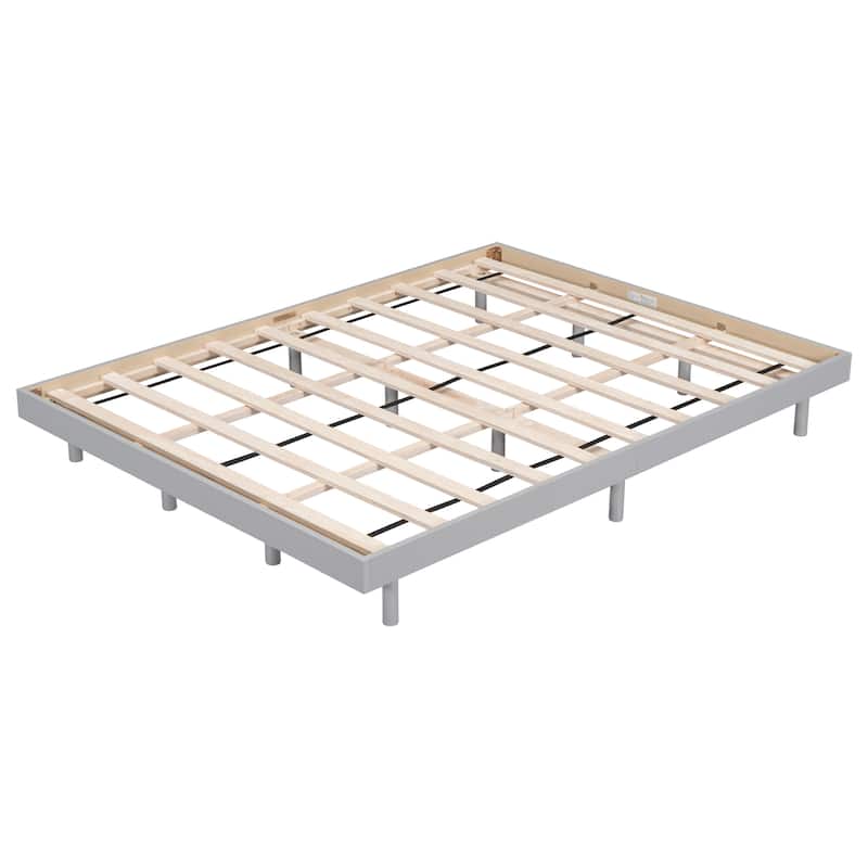 Grey Queen Size Floating Platform Bed with Rubberwood Legs and Plywood Slats