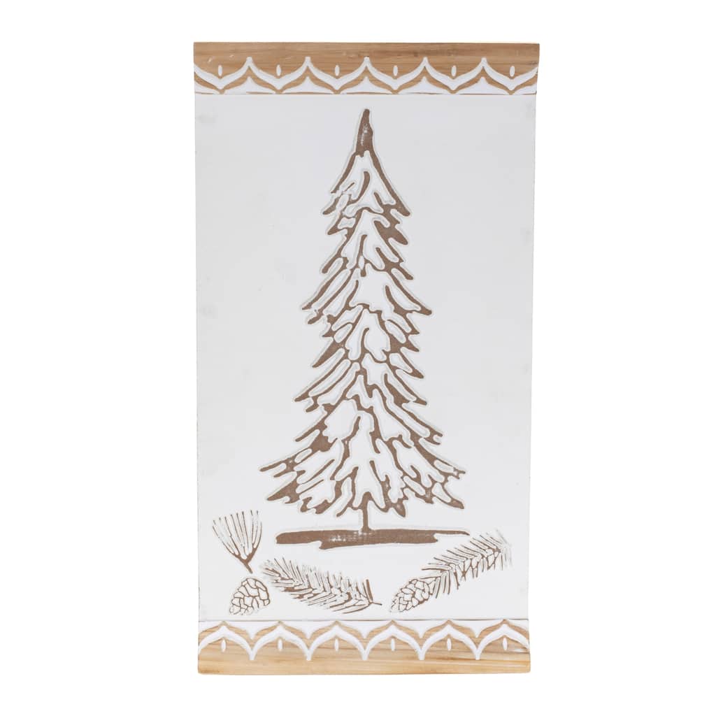 White and Brown Carved Wooden Pine Tree Wall Hanging Rustic Christmas Home Entryway Decor - 10.25”L x 2”W x 19”H