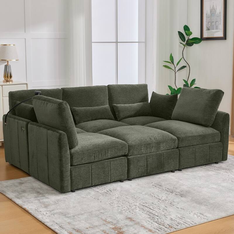 85.4" Modern U-shaped Modular Sectional Sofa with Movable Ottoman and Two USB Ports, Phone Holder - Green 