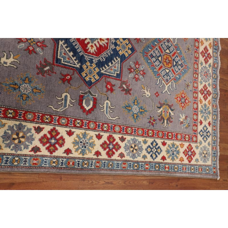 Gray Traditional / Geometric Kazak Rug Hand-Knotted Wool Carpet - 4'11" x 7'2"