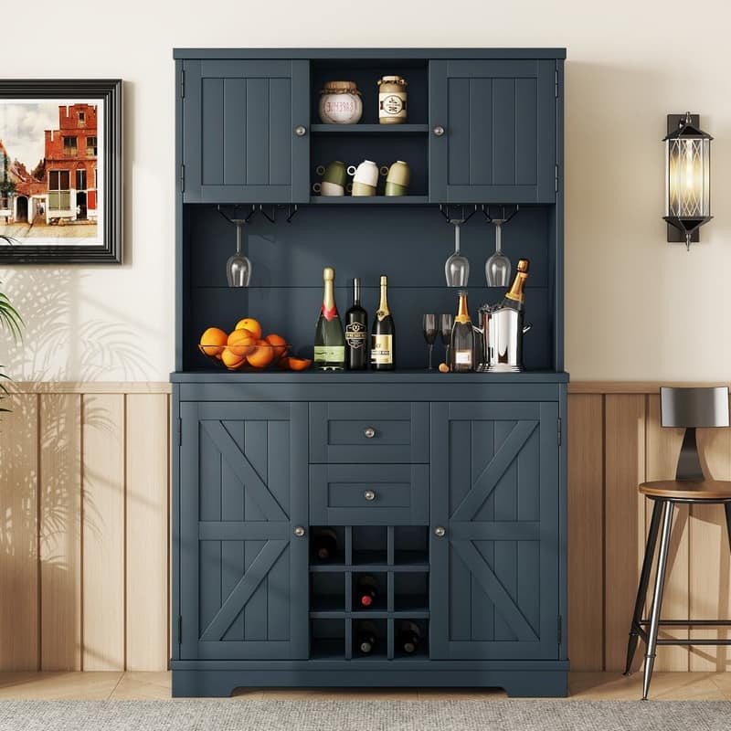 Farmhouse Home Bar Wine Storage Cabinet, Buffet Sideboard Kitchen Pantry with Adjustable Shelves, Drawers & Wine Glass Racks