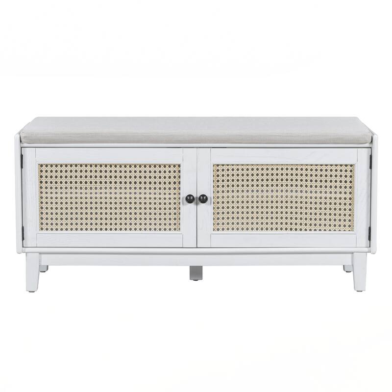 Rattan Entryway Bench with Storage, Cushioned Shoe Bench with Double Doors